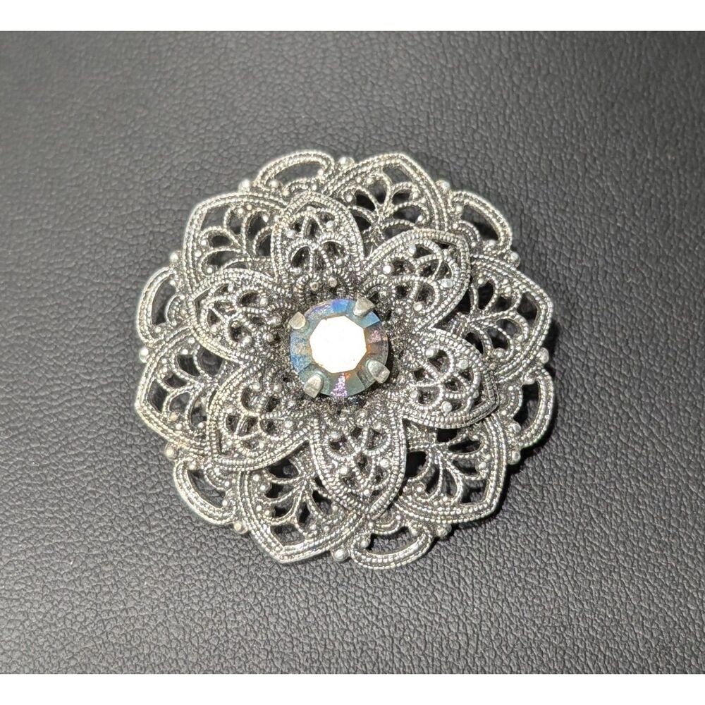 Filigree Layered Round Flower AB Center Brooch
